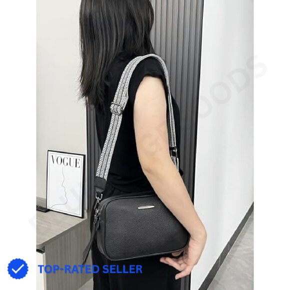 Genuine Leather Crossbody Bag Square Camera Messenger Purse Two Straps - Picture 3 of 8